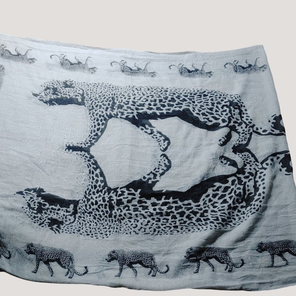 Shawl Wrap Scarf Leopard Cat Print Cotton Viscose Fringe 64 by 27 Black White